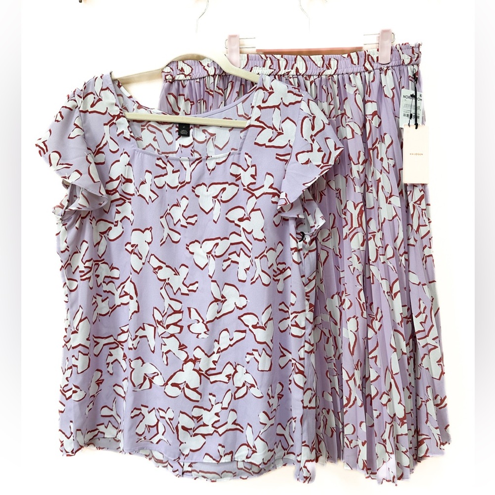Halogen for Nordstrom. 2 Piece Set Pleated Skirt and Flutter Sleeve Blouse